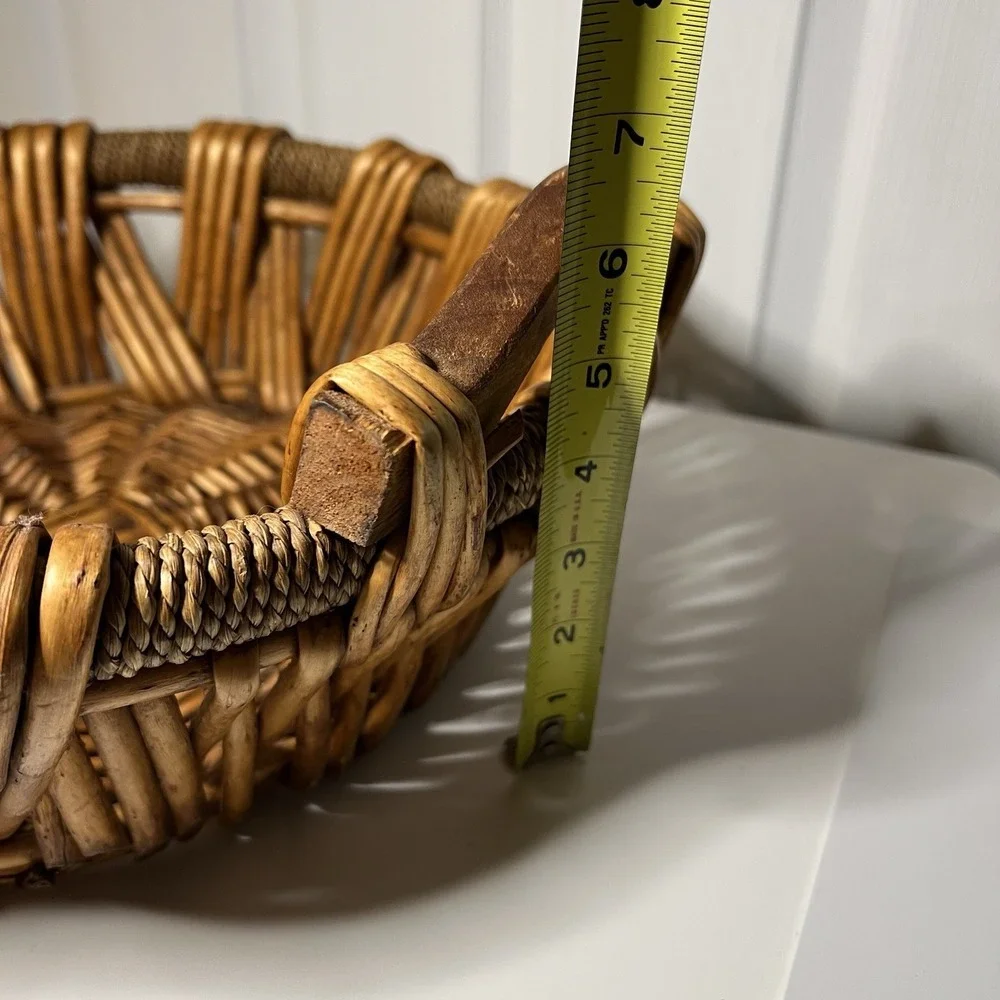 Vtg‎ Woven Wicker or Rattan Basket Wooden Handles 14